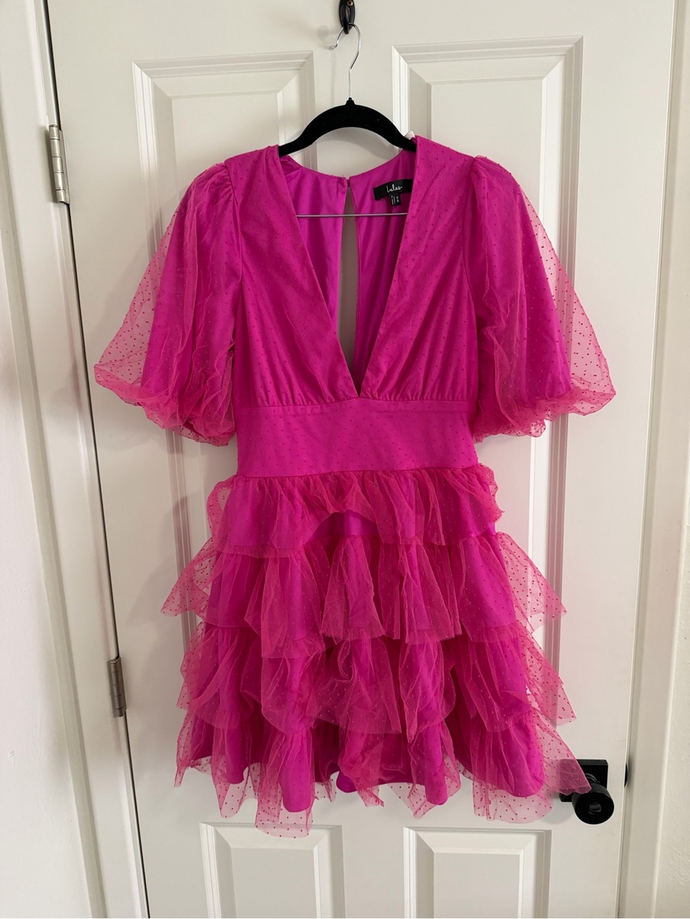 Lulu's Hot Pink V‑Neck Ruffled Tulle Mini Dress